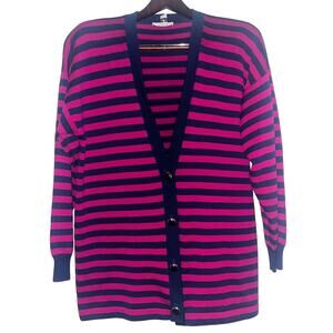 St. John Sportswear Navy/Magenta Striped V-Neck Cardigan Sweater Size: M - VTG